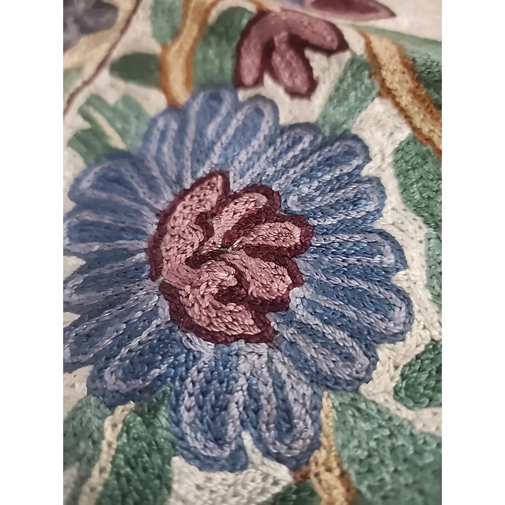 Vintage Kashmiri Crewel Chain Stitch Floral Rug Wall Hanging Boho 2 x 3 Tapestry